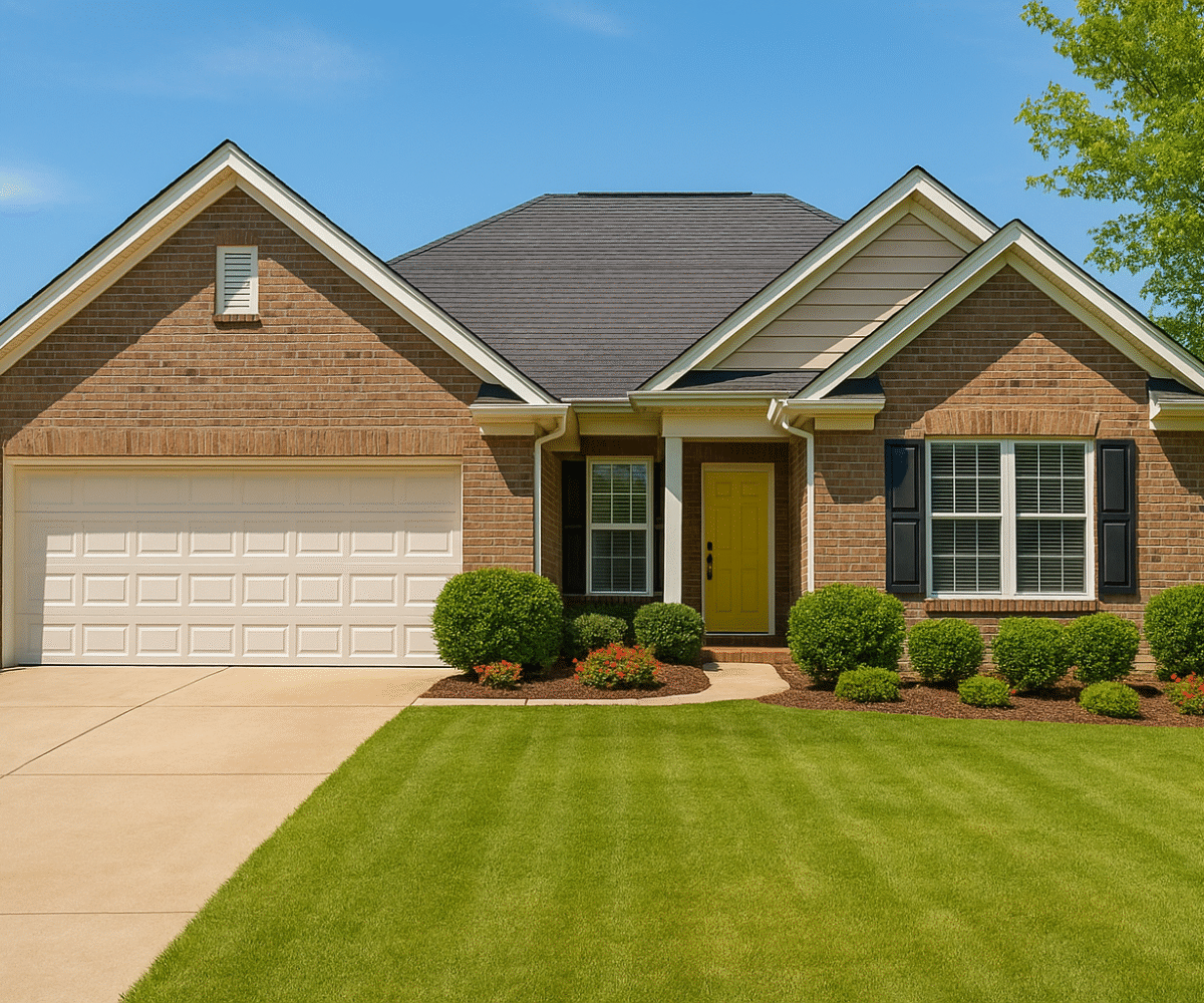 Well-kept suburban Alabama home with green lawn under blue sky – summer home maintenance Alabama