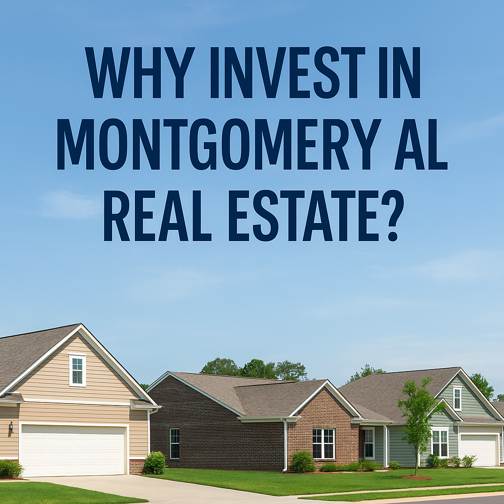 Single-story homes in Montgomery Alabama with text reading 'Why Invest in Montgomery AL Real Estate?' promoting local real estate investment opportunities.